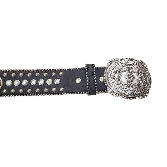 Vintage Women\'s Leather Belt Detailed Rhinestone Flower Studded Black & Silver main image 6